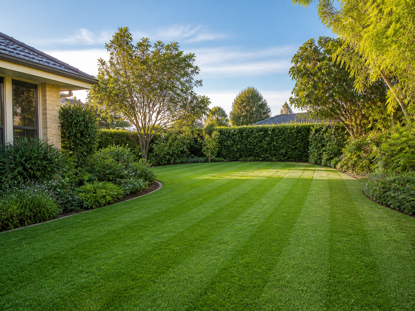 A neatly maintained residential lawn and garden hedge